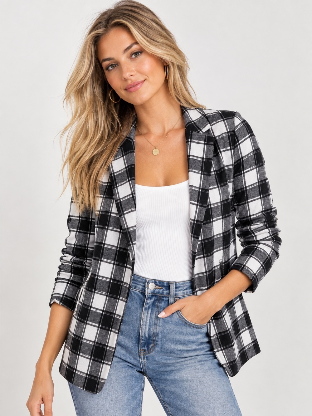 Philosophy Republic Plaid Knit Blazer Black White Jacket XS NWT